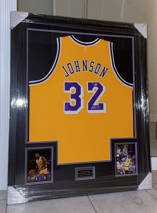 Magic Johnson Autographed Framed Lakers Jersey Authenticated by Beckett