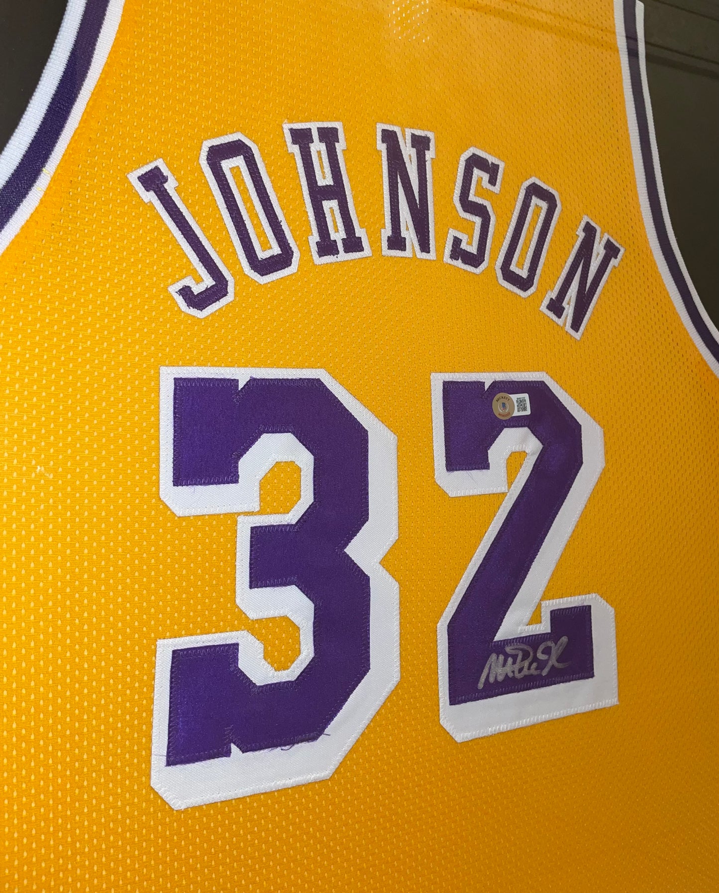 Magic Johnson Autographed Framed Lakers Jersey Authenticated by Beckett